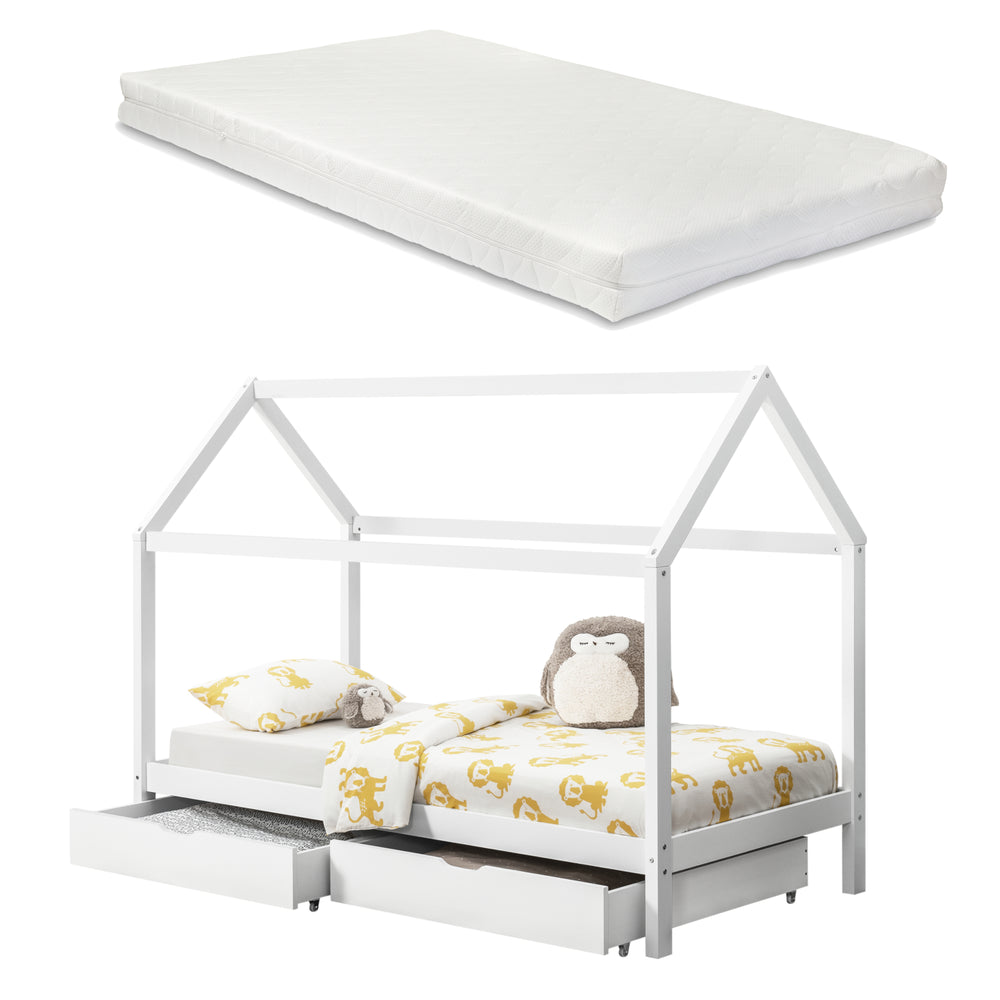 Lit enfant Lund 90x200 cm avec matelas en mousse froide Bois de pin Blanc en.casa