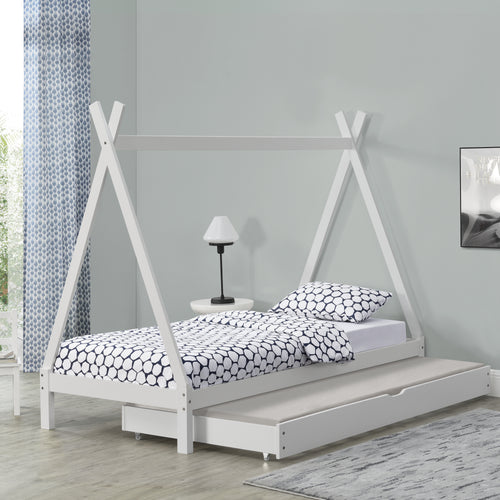 Lit enfant Cree 90x200cm avec lit gigogne Bois Naturel//Blanc [en.casa]