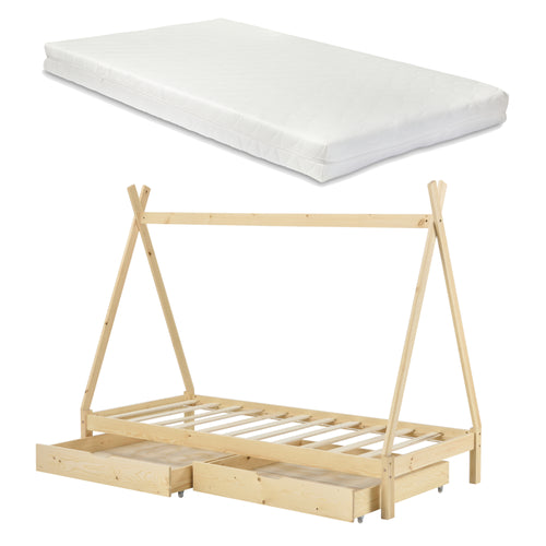 Lit enfant Maine 90x200cm avec 2 tiroirs et matelas en mousse froide [en.casa]