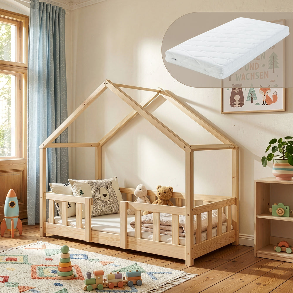 Lit d'enfant en forme de maison Treviolo avec matelas bois de pin [en.casa]
