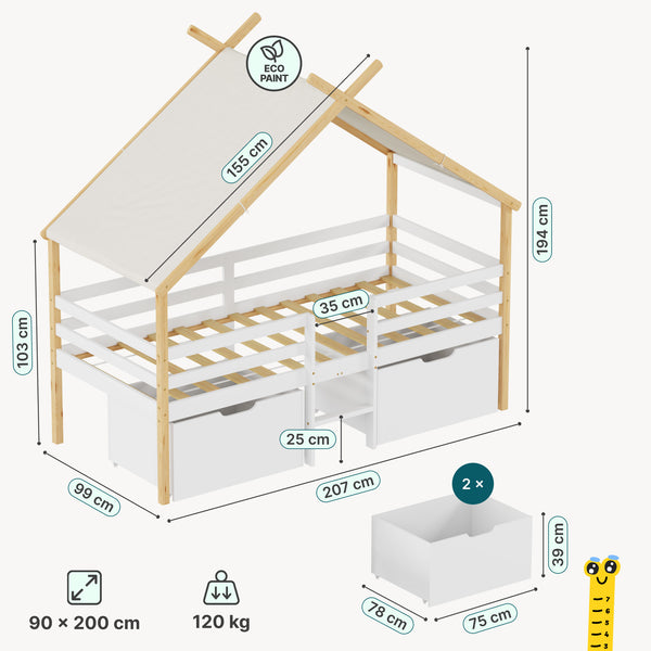 Lit cabane Surnadal avec matelas 90 x 200 cm naturel blanc [en.casa]
