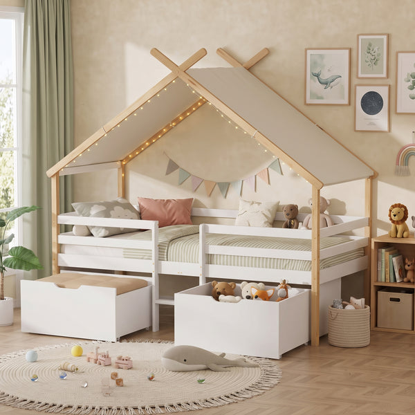Lit cabane Surnadal avec matelas 90 x 200 cm naturel blanc [en.casa]