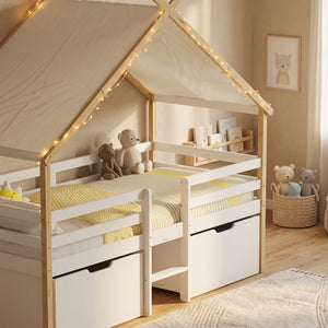 Lit cabane Surnadal avec matelas 90 x 200 cm naturel blanc [en.casa]