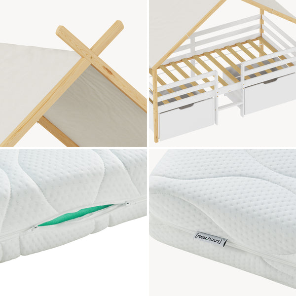 Lit cabane Surnadal avec matelas 90 x 200 cm naturel blanc [en.casa]