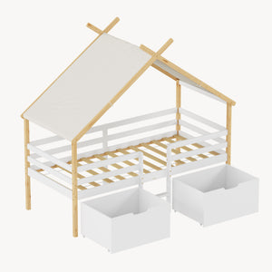 Lit cabane Surnadal avec matelas 90 x 200 cm naturel blanc [en.casa]
