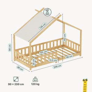 Lit cabane Rila style Montessori avec barrière anti-chute 90 x 200 cm [en.casa]