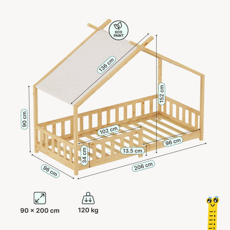 Croquis coté Lit cabane Rila style Montessori avec barrière anti-chute 90 x 200 cm [en.casa]