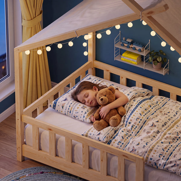 Lit cabane Rila style Montessori avec barrière anti-chute 90 x 200 cm [en.casa]