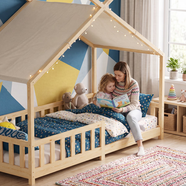 Lit cabane Rila style Montessori avec barrière anti-chute 90 x 200 cm [en.casa]
