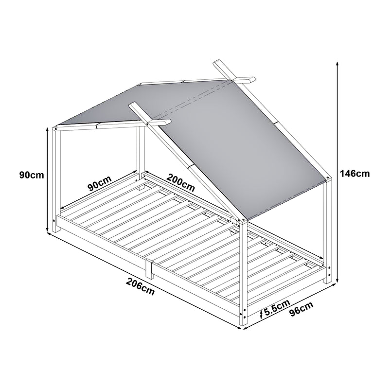 Croquis coté Lit cabane enfant Brome 90x200 cm en bois de pin avec sommier [en.casa]