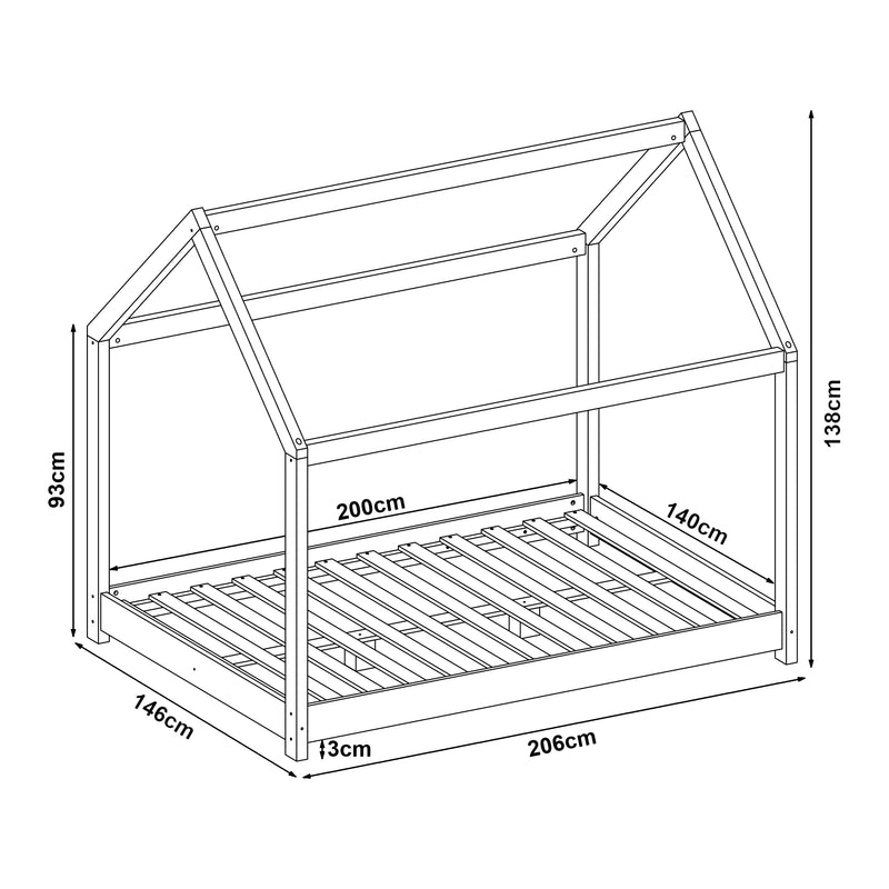 Croquis coté Lit cabane Cerro avec matelas à mousse froid bois de pin contreplaqué [en.casa]