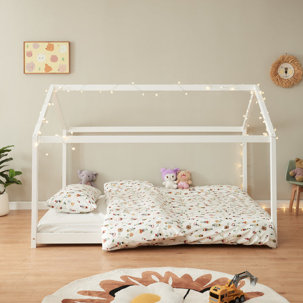 Lit d'Enfant Forme Maison Cerro avec Matelas Mousse à Froid Blanc [en.casa]