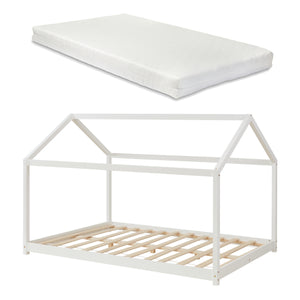 Lit d'Enfant Forme Maison Cerro avec Matelas Mousse à Froid Blanc [en.casa]