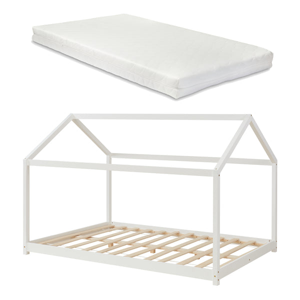 Lit d'Enfant Forme Maison Cerro avec Matelas Mousse à Froid Blanc [en.casa]