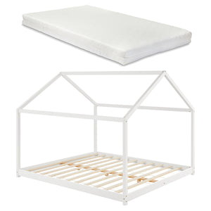 Lit d'Enfant Forme Maison Cabane à Sommier à Lattes avec Matelas Mousse à Froid Bois de Pin Blanc Mat Laqué [en.casa] [neu.haus]