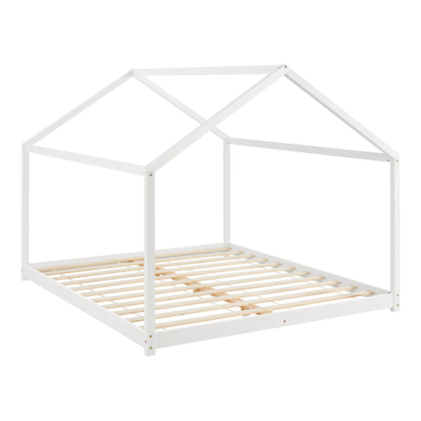Lit d'Enfant Forme Maison Cabane à Sommier à Lattes avec Matelas Mousse à Froid Bois de Pin Blanc Mat Laqué [en.casa] [neu.haus]