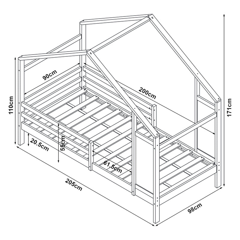Croquis coté Lit cabane Lorenskog avec matelas à mousse 90 x 200 cm [en.casa]