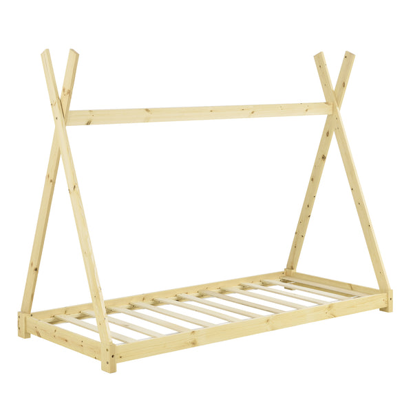 [en.casa] Lit de Tipi avec Matelas Lit Enfant Bois Naturel Sommier à Lattes 200 x 90 cm