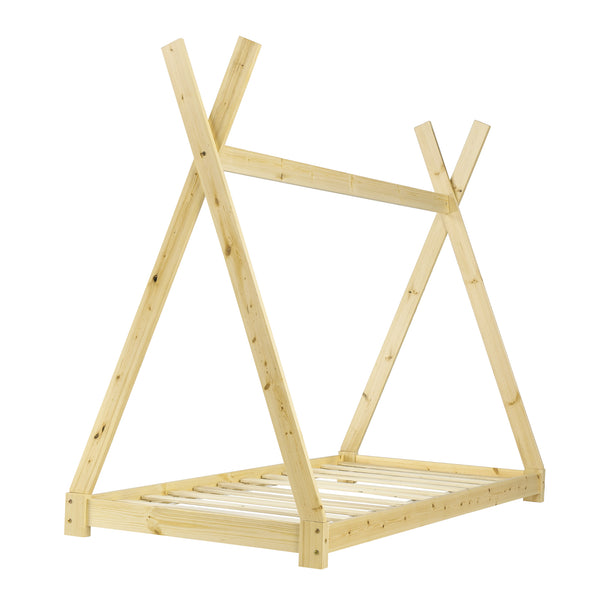 [en.casa] Lit de Tipi avec Matelas Lit Enfant Bois Naturel Sommier à Lattes 200 x 90 cm