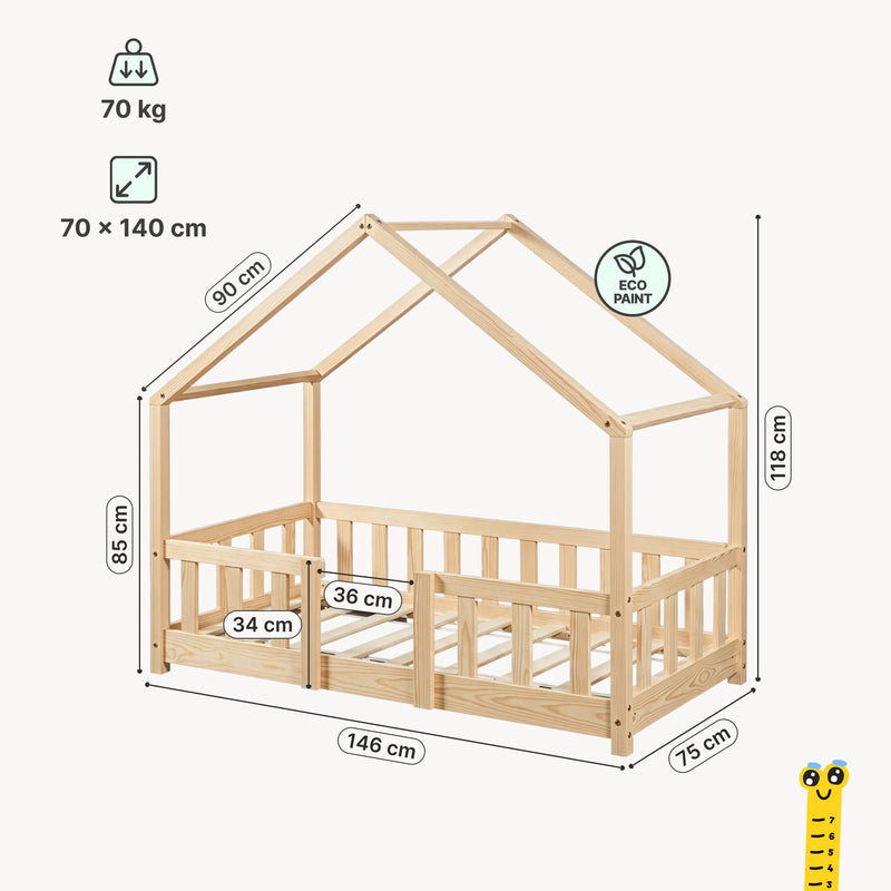 Croquis coté Lit d'enfant en forme de maison Treviolo avec matelas bois de pin [en.casa]
