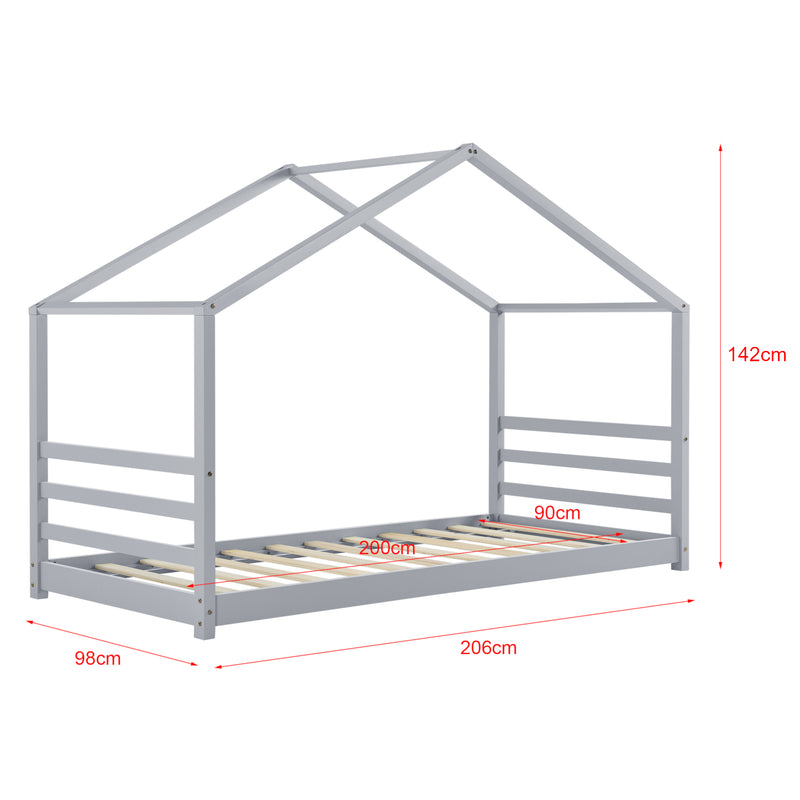 Croquis coté Lit d'Enfant Maison Cabane à Sommier à Lattes avec Matelas Mousse à Froid Bois de Pin [en.casa] [neu.haus]