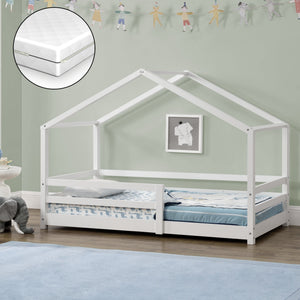 Lit Cabane Knätten avec Grille de Protection et Matelas Mousse à Froid [en.casa]