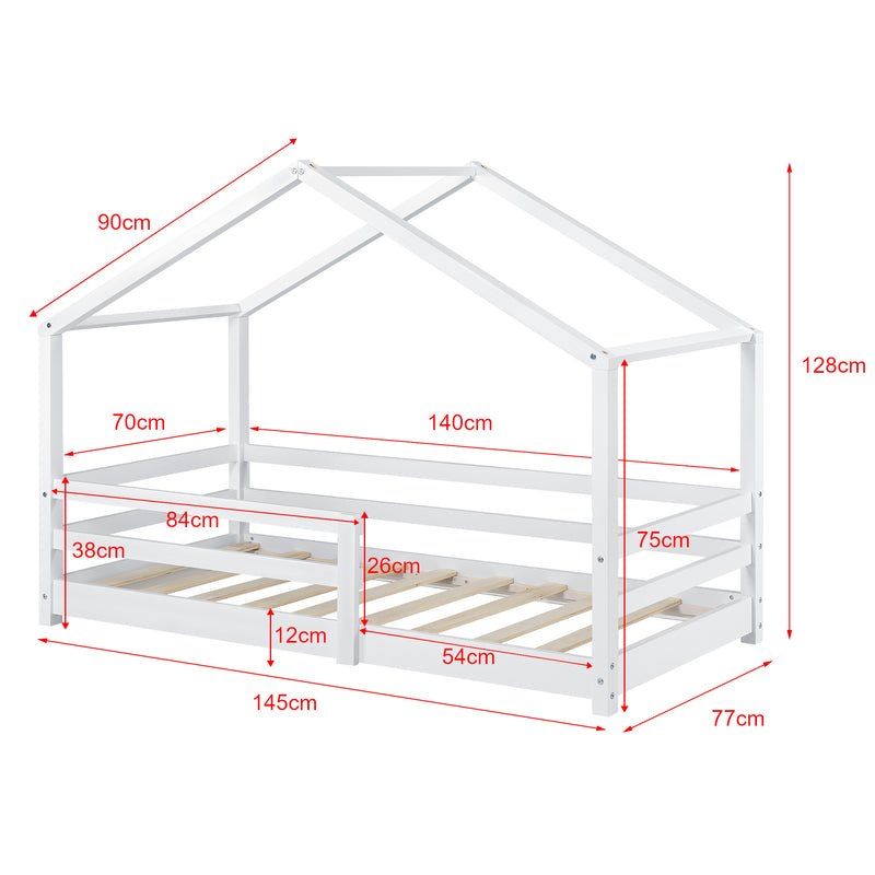 Croquis coté Lit Cabane Knätten avec Grille de Protection et Matelas Mousse à Froid [en.casa]