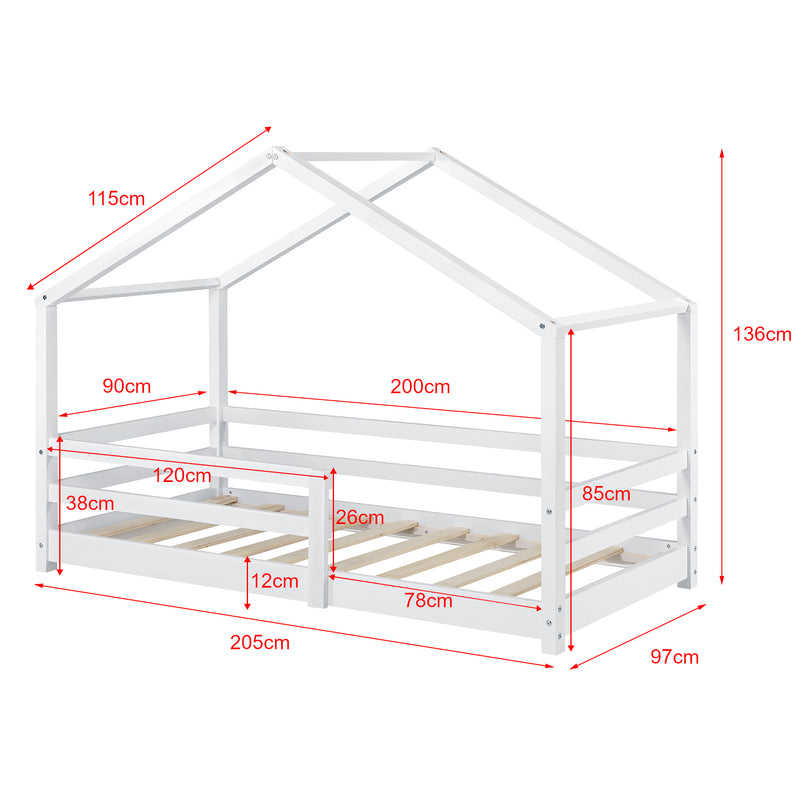 Croquis coté Lit d'enfant Design en Forme Maison avec Grille de Protection Lit Cabane Construction Solide avec Matelas Bois de Pin [en.casa] [neu.haus]