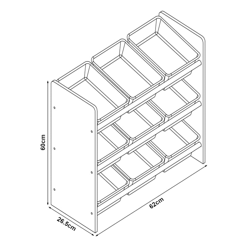 Croquis coté Étagère de rangement Muxía pour enfant avec 9 bacs ouverts [en.casa]
