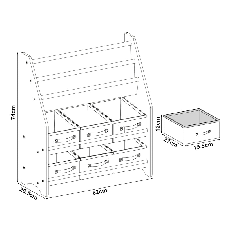 Croquis coté Étagère de rangement Ponteceso pour enfant avec 6 bacs ouverts [en.casa]