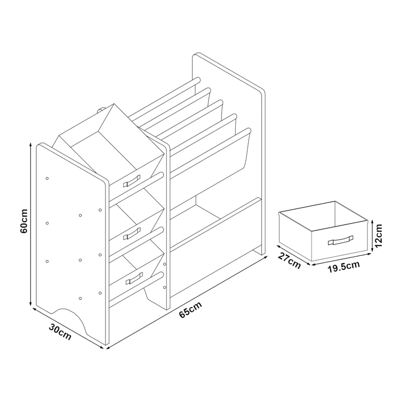 Croquis coté Étagère de rangement Vimianzo pour enfant avec 3 bacs ouverts [en.casa]