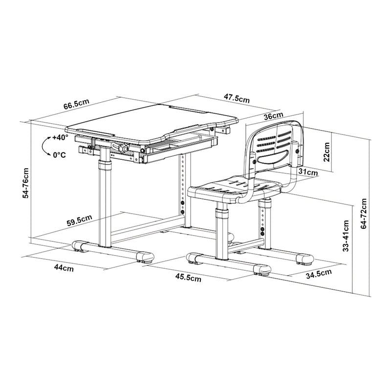 Croquis coté Set de bureau et chaise pour enfant Sala [en.casa]