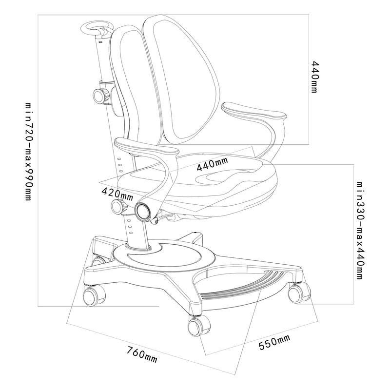 Croquis coté Chaise de bureau pour enfants Partille hauteur profondeur dossier réglable [en.casa]