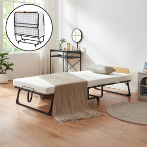 Lit pliant en métal Lustendi avec matelas 200x90cm Noir/effet chêne [en.casa]