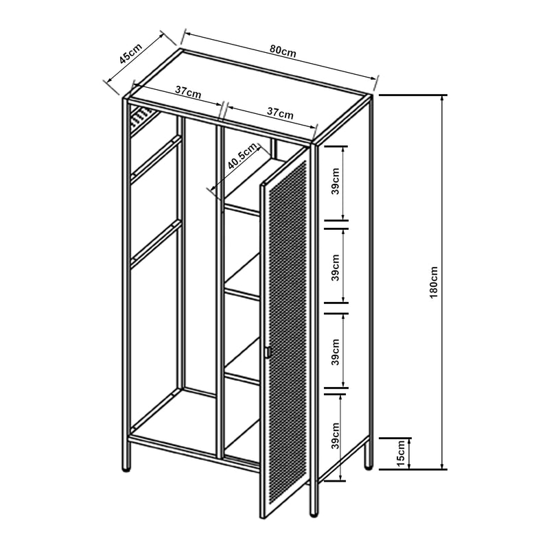 Croquis coté Armoire de chambre Puumala 180 x 80 x 45 cm [en.casa]
