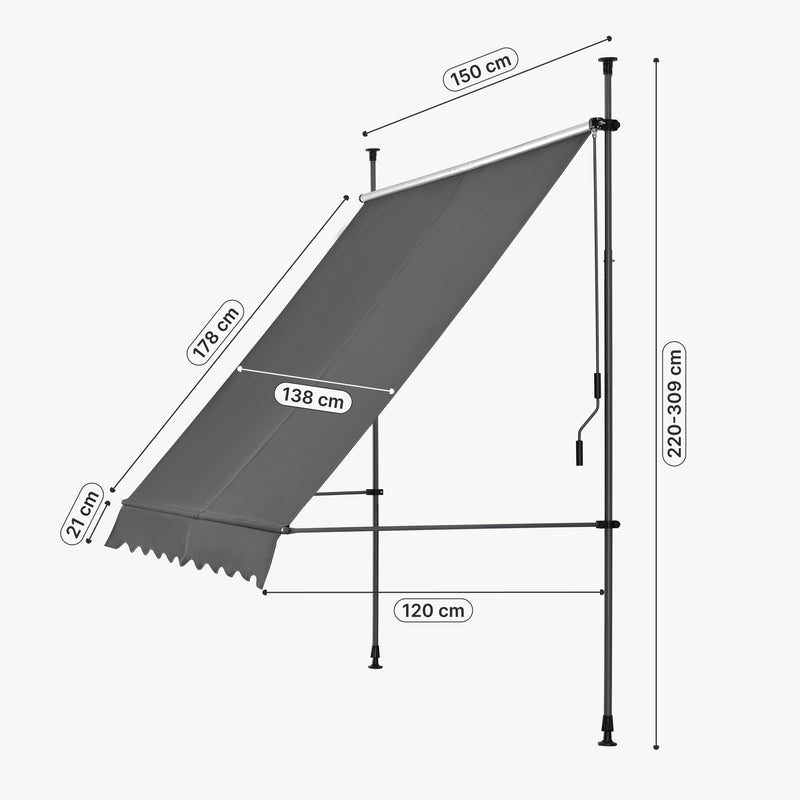 Croquis coté Store Banne Manuel Hauteur et Inclinaison Réglable Sans Perçage [pro.tec]