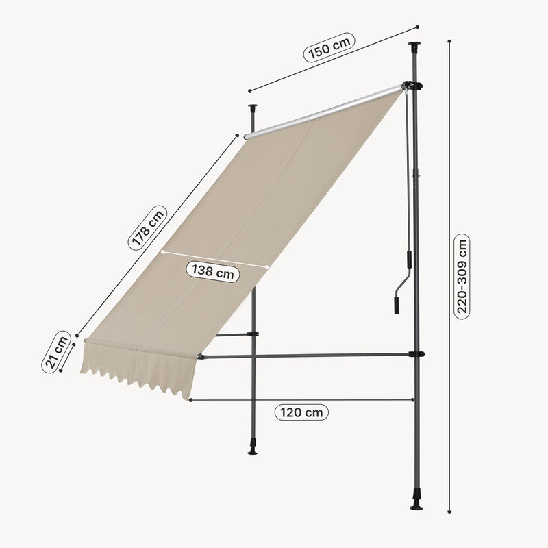 Croquis coté Store Banne Manuel Hauteur et Inclinaison Réglable Sans Perçage [pro.tec]