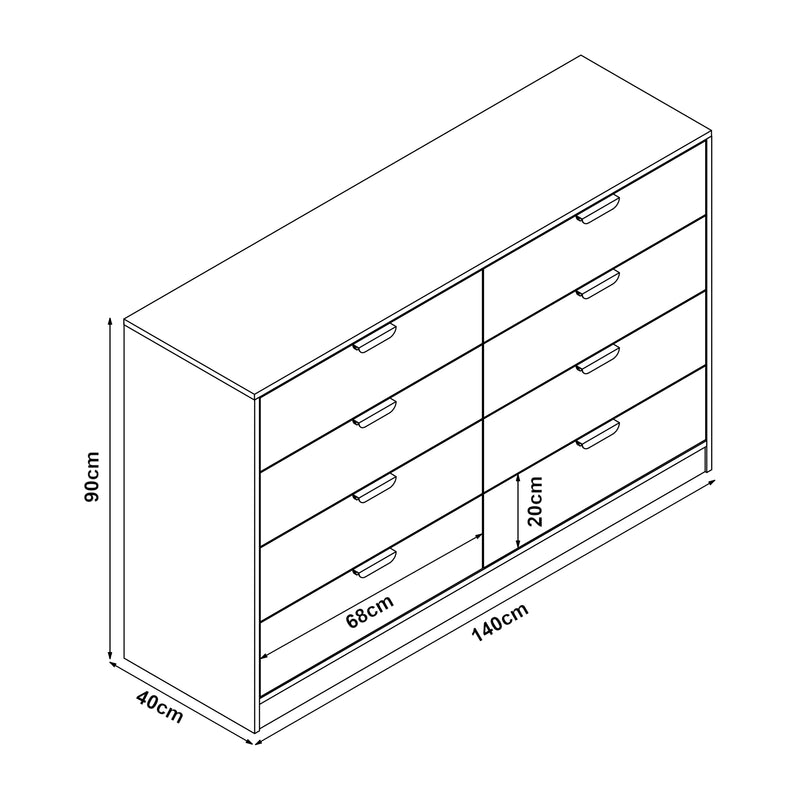 Croquis coté Commode Varkaus MDF effet chêne [en.casa]