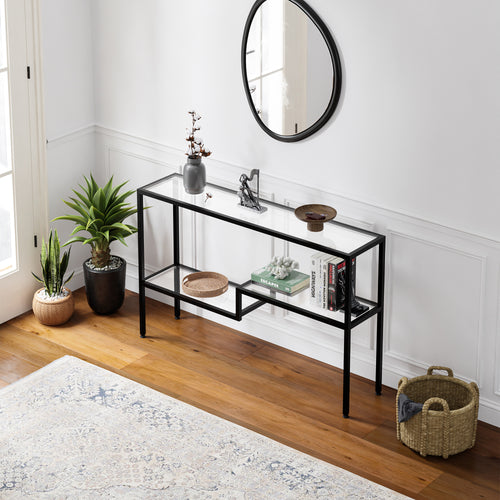 Console Videnel avec plateau en verre 120x30x76 cm Noir [en.casa]