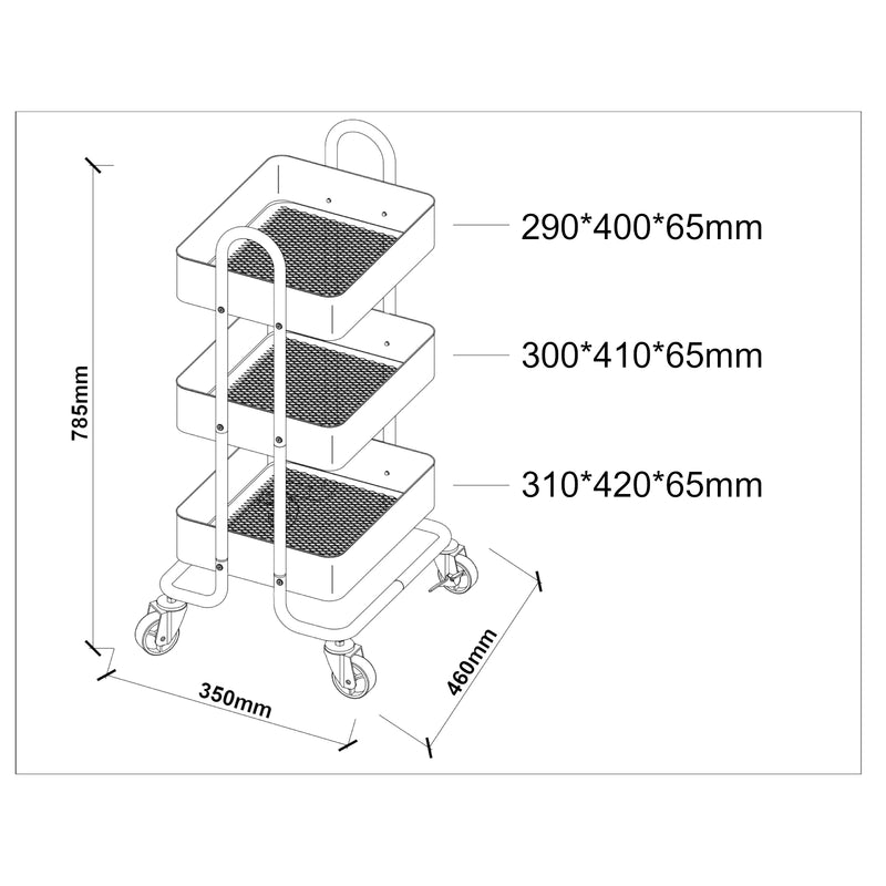 Croquis coté Chariot de service Pyhäntä à 3 paniers acier 79 x 46 x 35 cm [en.casa]
