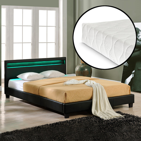Corium Lit capitonné à LED Corium (Paris) avec matelas (140 | 160 | 180 | 200 x200cm)(7 Couleurs)(mousse froide) - avec cuir synthétique / housse  cuir synthétique / éclairage RVB / avec sommier à lattes /