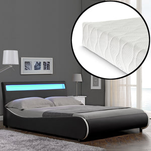 CoriumLit capitonné à LED de Corium 'Valencia' avec matelas (140 / 180 x200cm)(7 Couleurs)(mousse froide) -  avec cuir synthétique / housse en cuir synthétique / éclairage RVB / avec sommier à lattes /