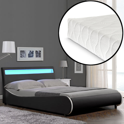 CoriumLit capitonné à LED de Corium 'Valencia' avec matelas (140 / 180 x200cm)(7 Couleurs)(mousse froide) -  avec cuir synthétique / housse en cuir synthétique / éclairage RVB / avec sommier à lattes /