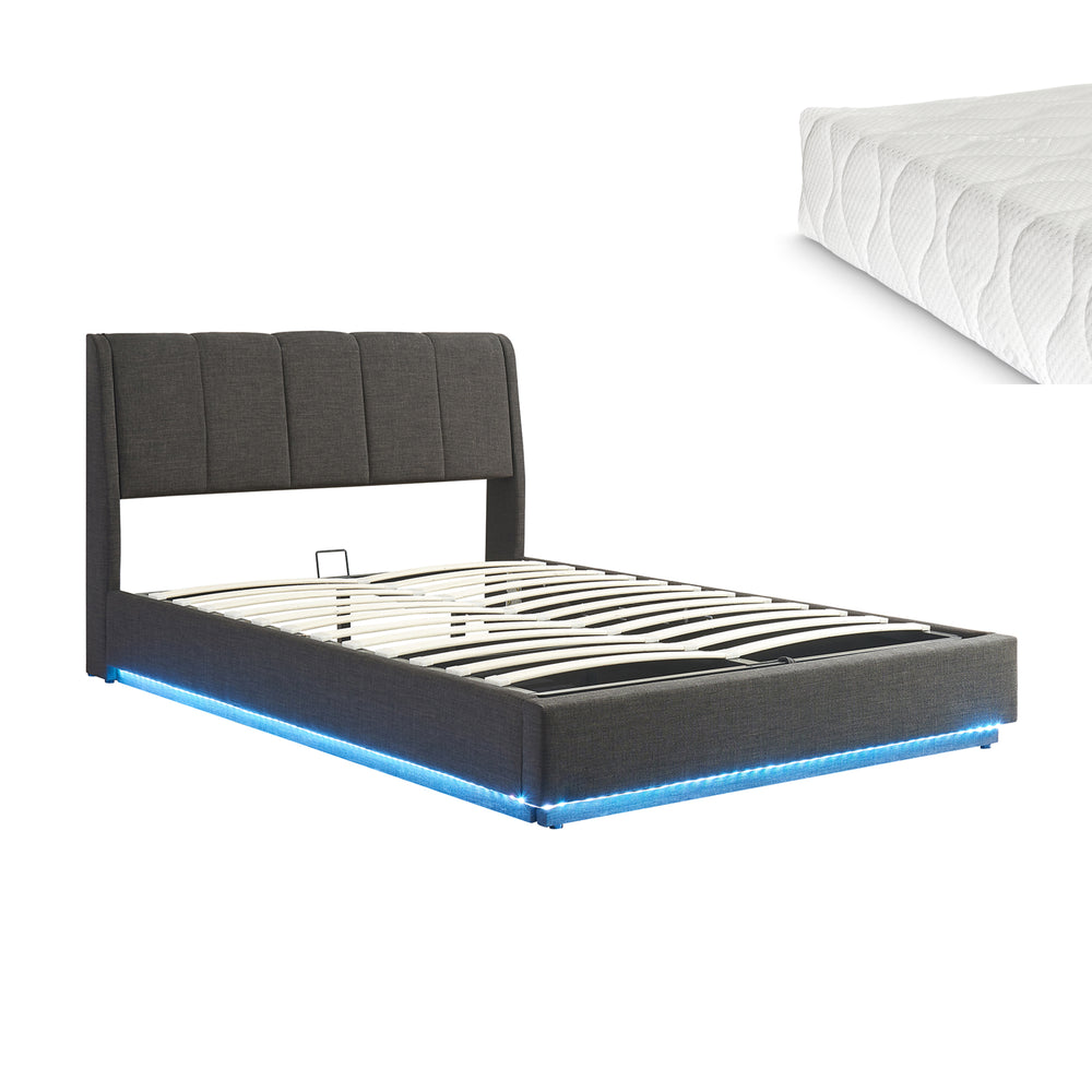 Lit double capitonné Tröstiar avec éclairage LED et matelas [en.casa]