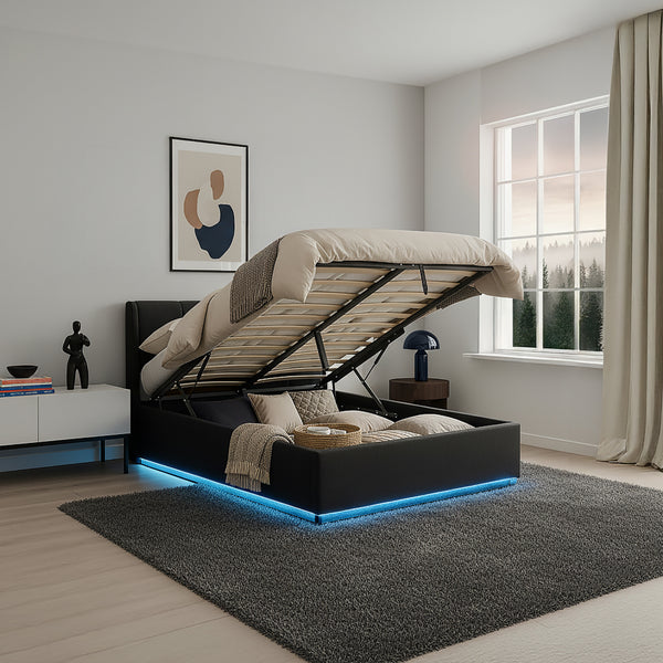 Lit double capitonné Tröstiar avec éclairage LED et matelas [en.casa]