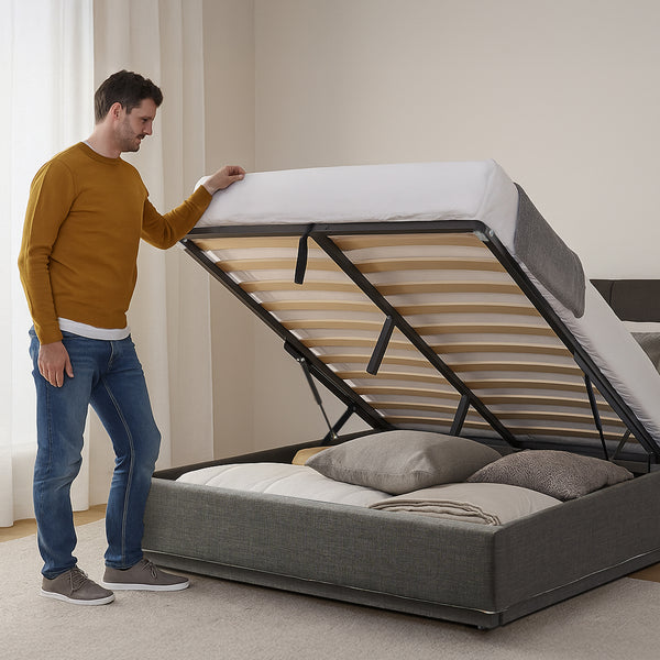 Lit double capitonné Tröstiar avec éclairage LED et matelas [en.casa]