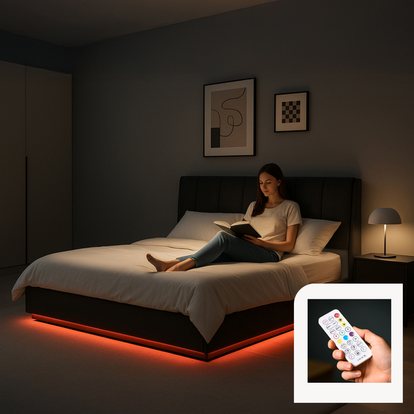 Lit double capitonné Tröstiar avec éclairage LED et matelas [en.casa]
