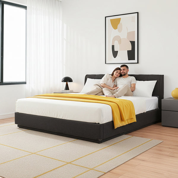 Lit double capitonné Tröstiar avec éclairage LED et matelas [en.casa]