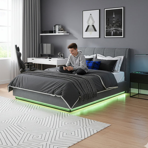 Lit rembourré LED Tröstiar avec matelas [en.casa]