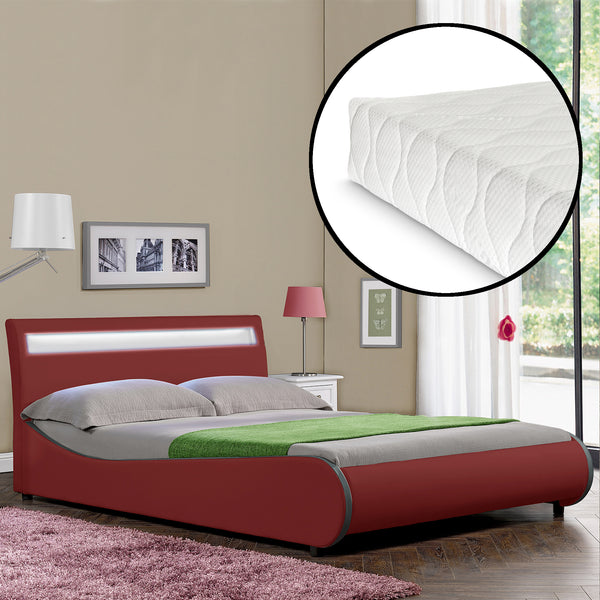 CoriumLit capitonné à LED de Corium 'Valencia' avec matelas (140 / 180 x200cm)(7 Couleurs)(mousse froide) -  avec cuir synthétique / housse en cuir synthétique / éclairage RVB / avec sommier à lattes /